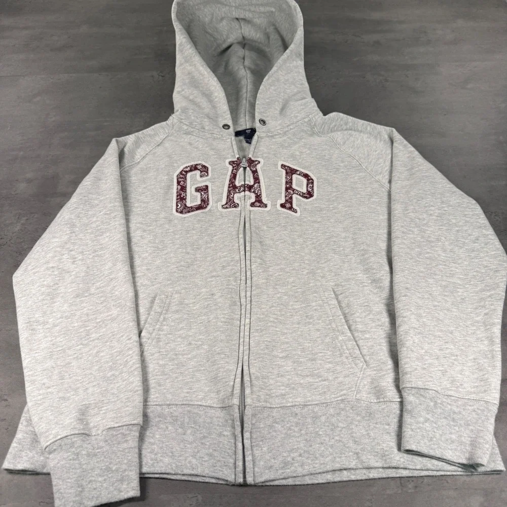 Gap Zip Up Hoodie XL Gray Wine Paisley Logo‎ Fleece Raglan Sweatshirt Babydoll
